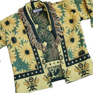 Vintage Cardigan Large Tapestry Blanket Sunflower Open Front Floral Fringe Its i
